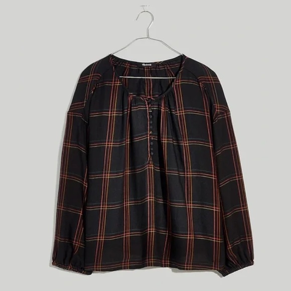 Madewell - Button Detail Black Brown Windowpane Plaid Shirred Peasant Top - XL - Picture 2 of 11